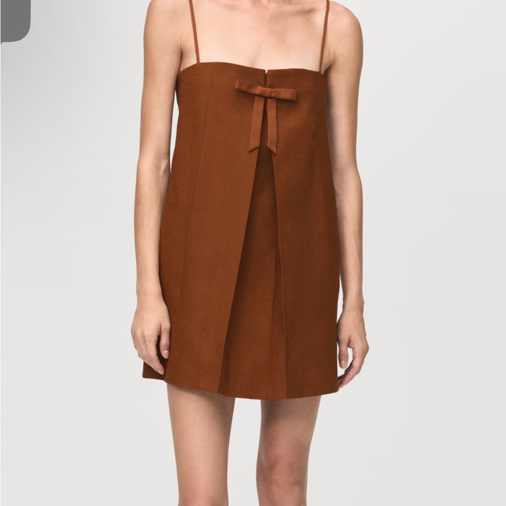 Mango Rust-Brown Spaghetti Strap Mini Dress with Front Bow